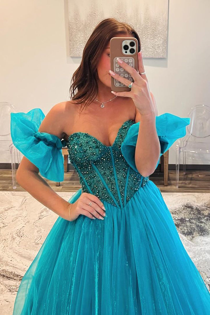 Cute A Line Strapless Blue Beaded Long Prom Dress with Sleeves LD062558