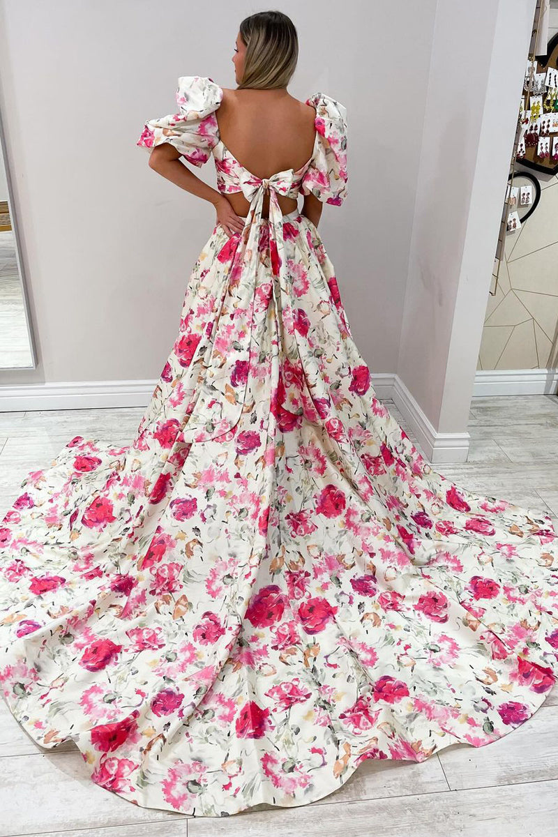CuteA Line Floral Printed Puff Sleeves Prom Dresses with Slit LD062566