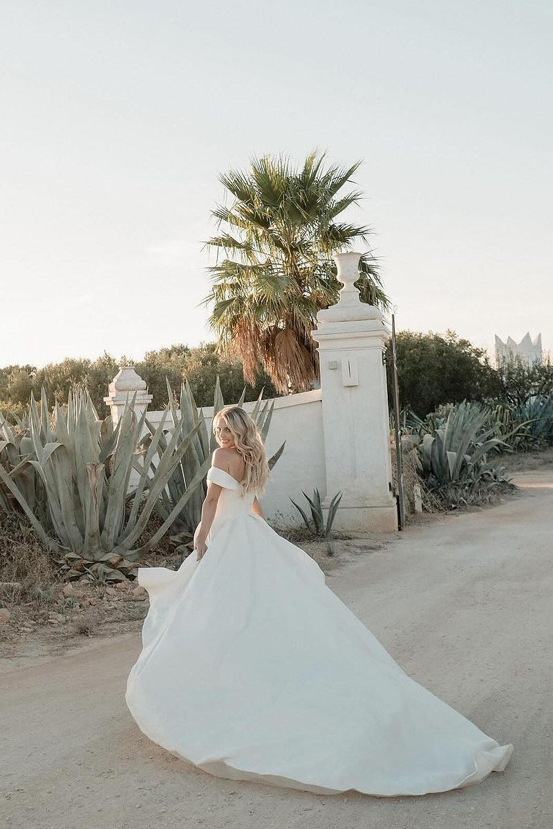 Elegant A-Line Off the Shoulder Satin Wedding Dresses with Slit LD062503