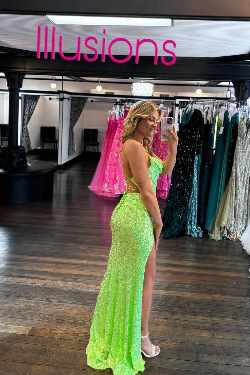 Charming Mermaid Cowl Neck Sequins Long Prom Dresses with Slit LD070302