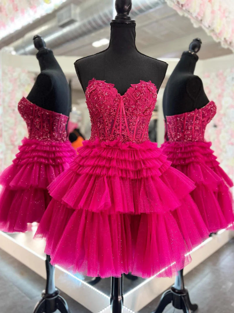 Hot Pink Cute A-Line Sweetheart Tiered Short Homecoming Dresses with Appliques LD072605