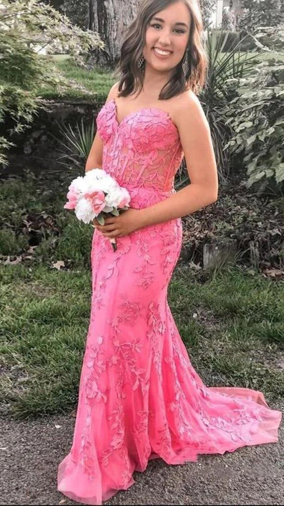 Cute Mermaid Sweetheart Pink Lace Prom Dresses with Beading LD070309