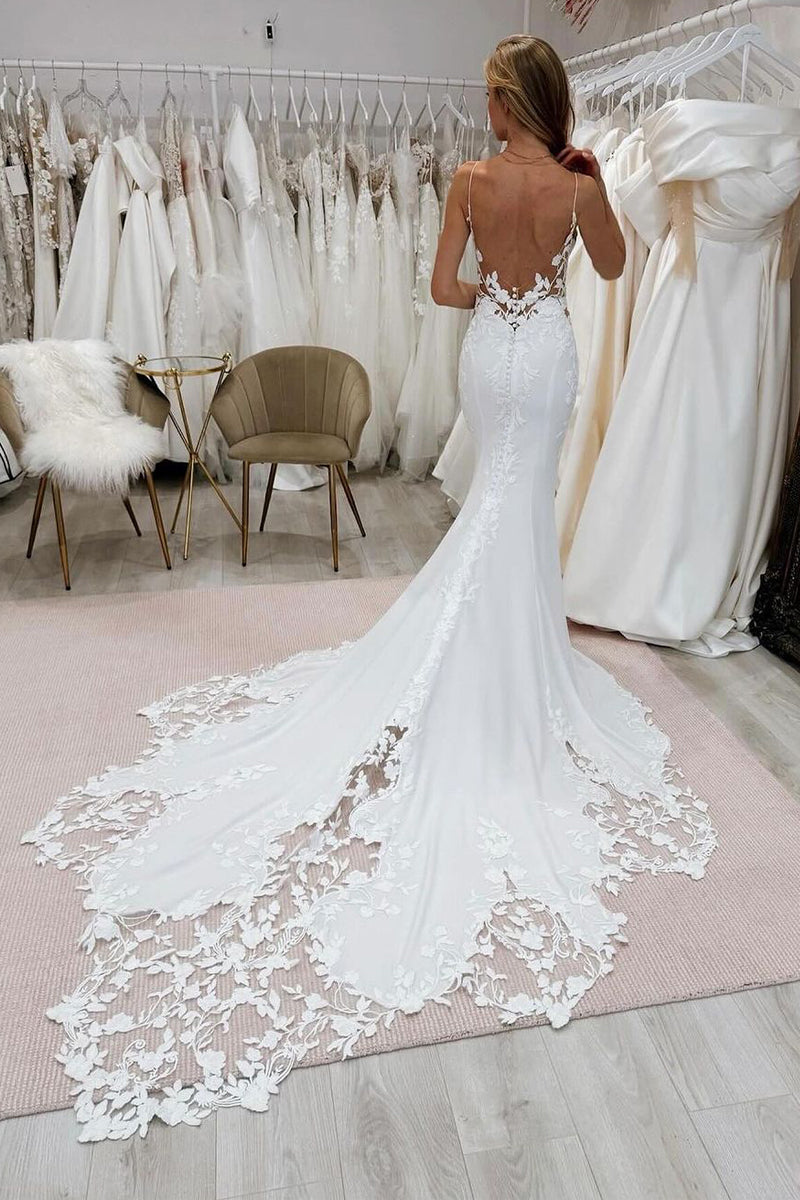 Eleagnt Mermaid V Neck Elastic Satin Wedding Dresses with Appliques LD072405