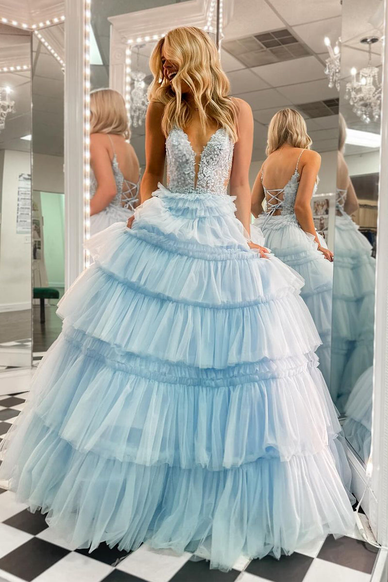Cute Ball Gown V Neck Sky Blue Ruffle Tiered Tulle Long Prom Dress LD062585
