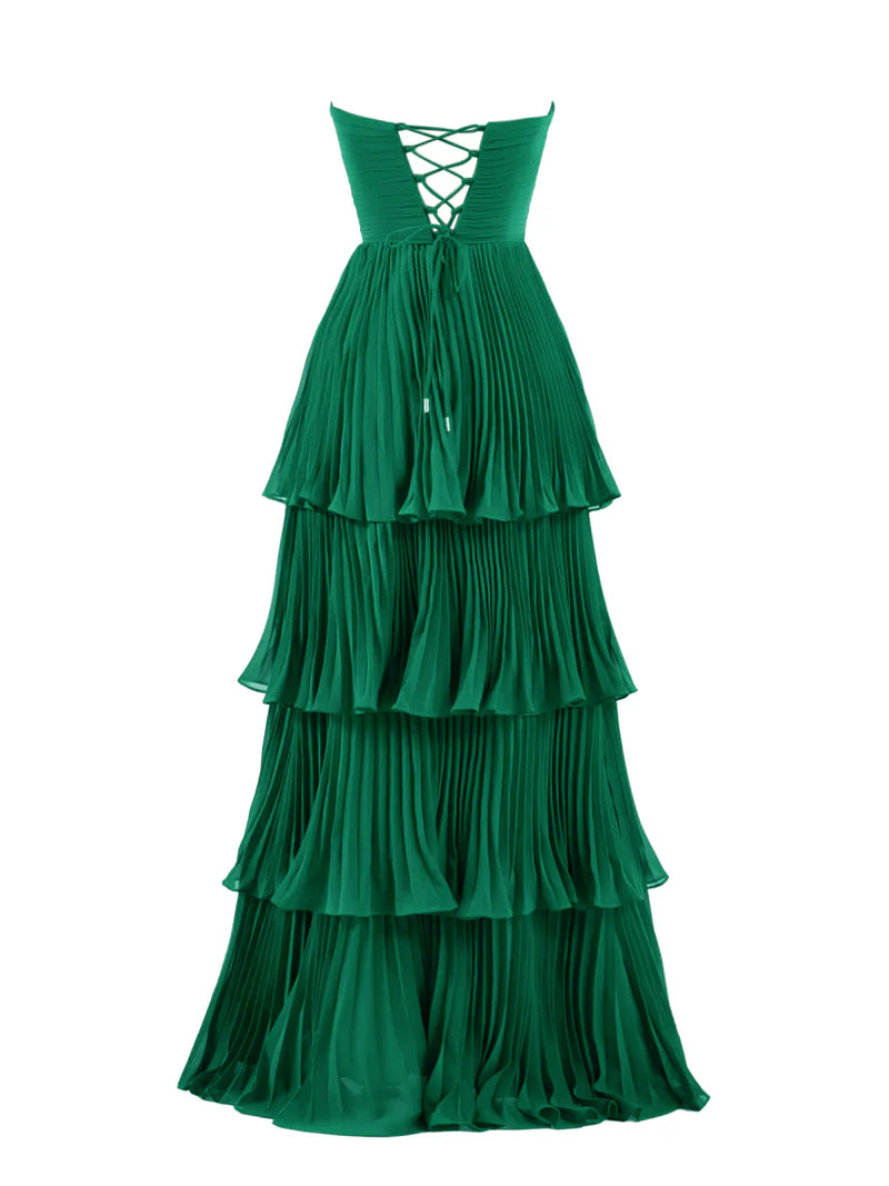 Stunning Strapless Emerald Green Prom Dress with Ruffled Multi-Layer Design ld101016