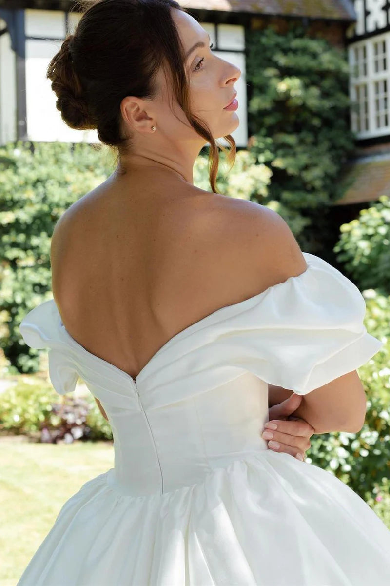 White Puff Off-the-Shoulder V Neck Sweeping Long Wedding Dress ld101005