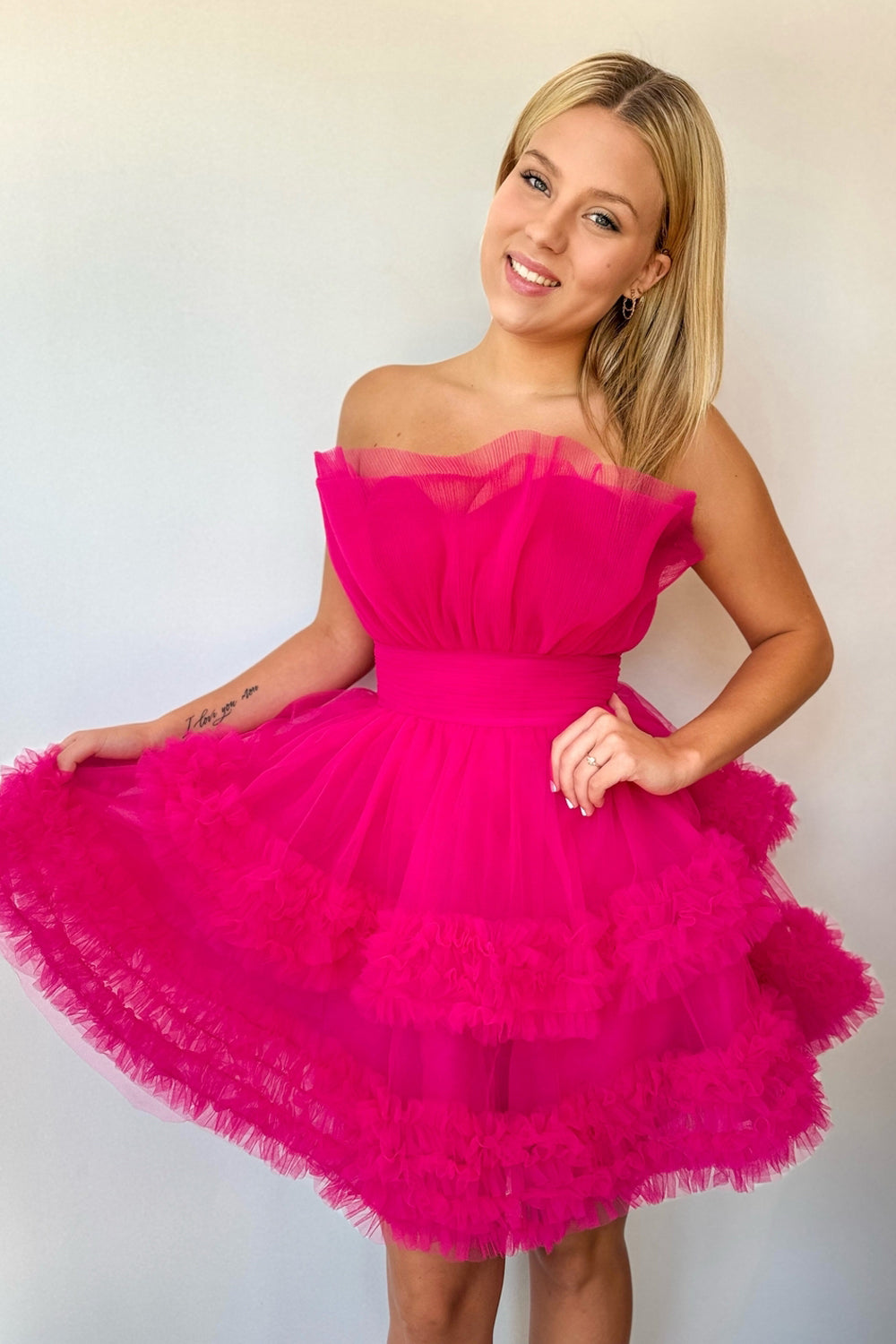 Cute A Line Strapless Fuchsia Tulle Short Homecoming Dresses LD080606