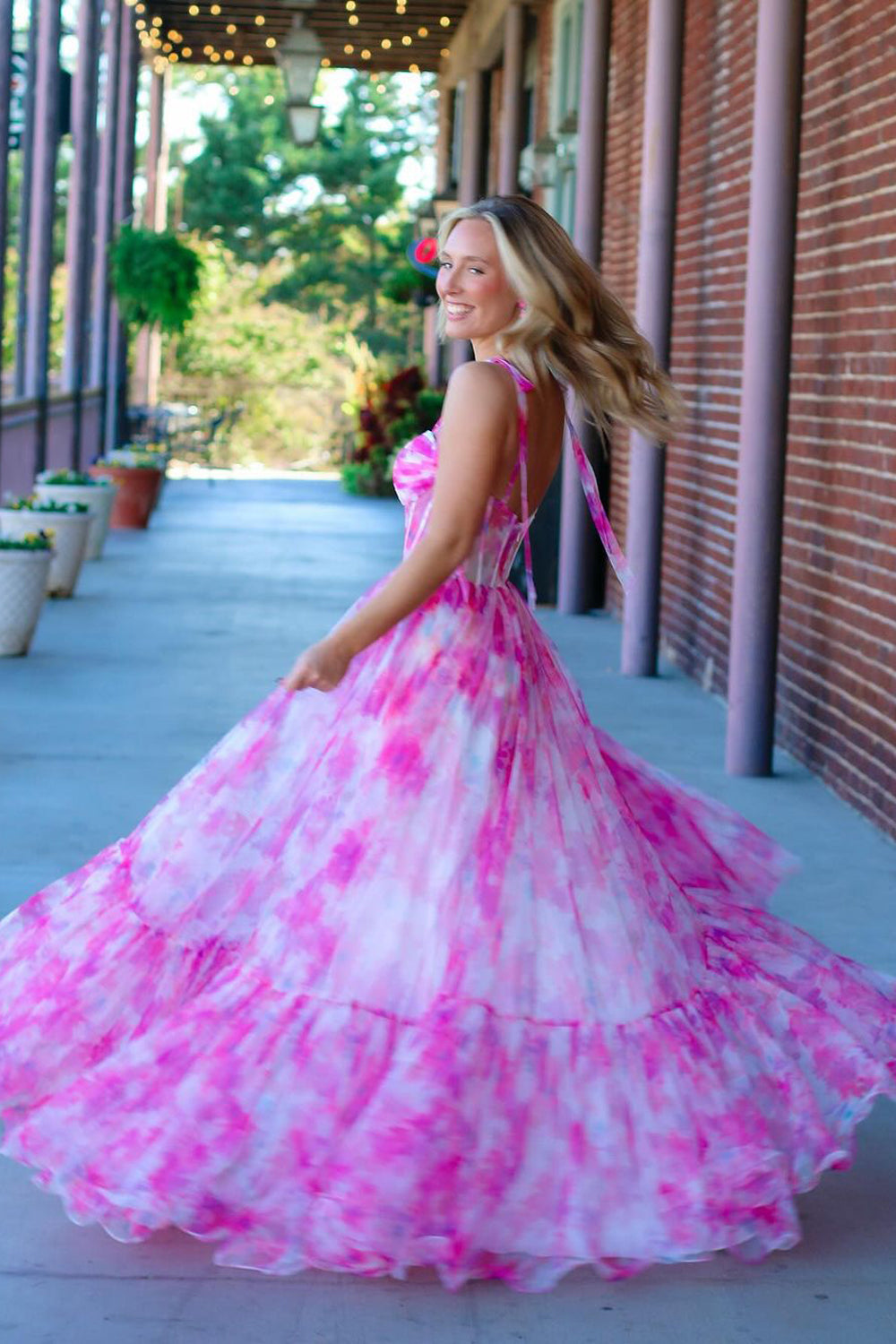Cute Pink Printed Chiffon A-Line Long Prom Dress with Sweetheart Neckline