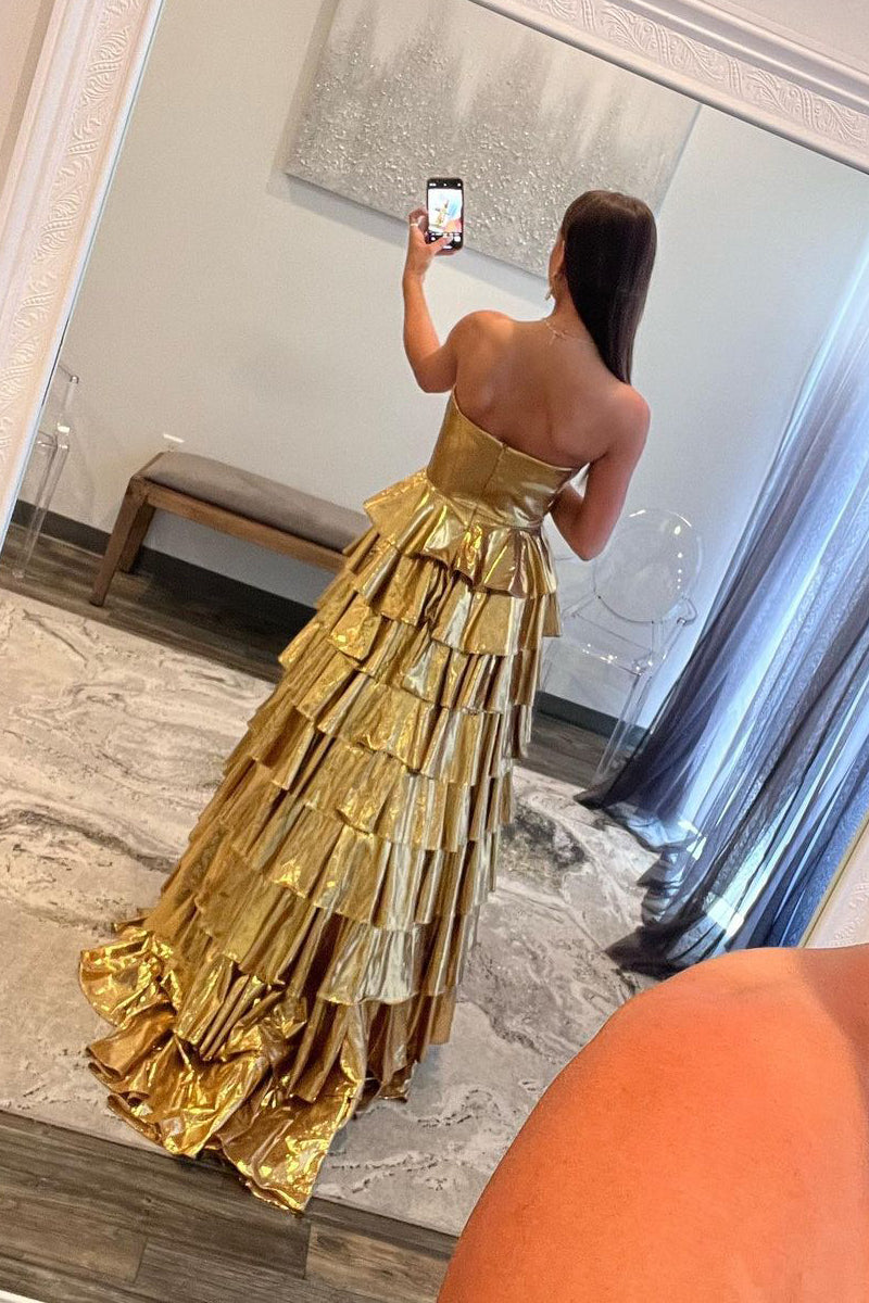 Cute Sweetheart Gold Ruffle Tiered Satin Long Prom Dresses LD062595