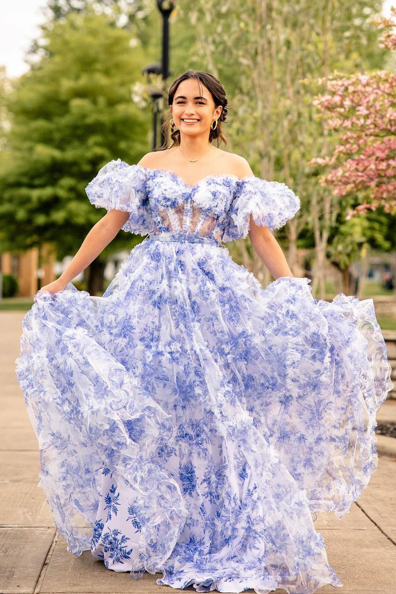 Fairy Ball Gown Tiered Floral Printed Tulle Long Prom Dress LD062575