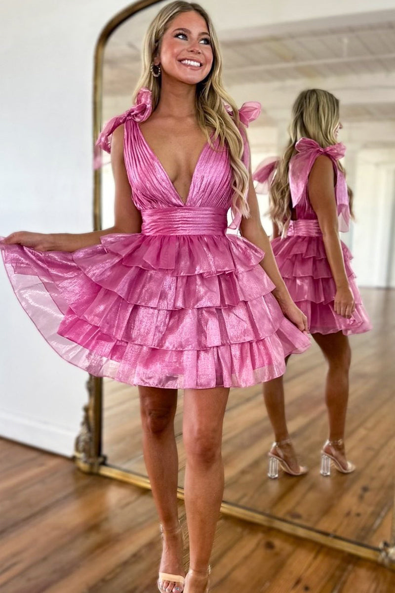 Cute A-Line V Neck Organza Tiered Short Homecoming Dresses LD062587