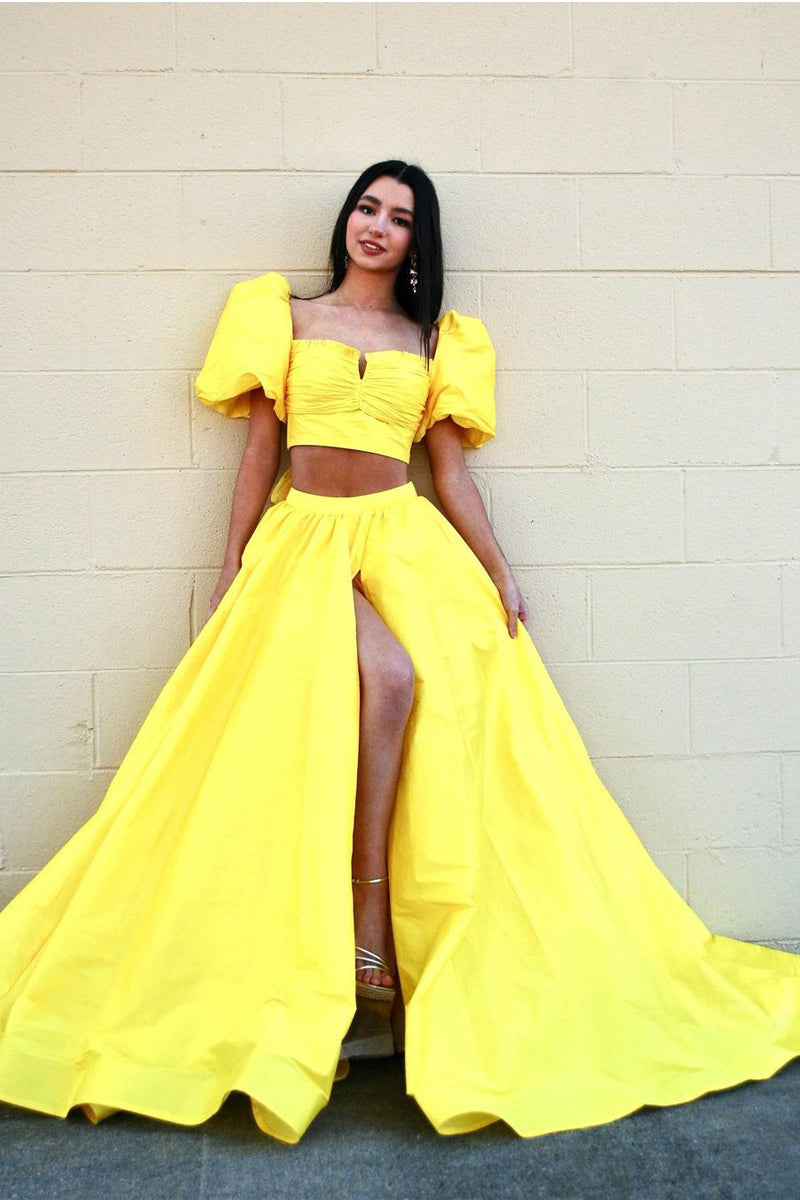 Cute Ball Gown V Neck Two Piece Yellow Satin Long Prom Dresses LD062596