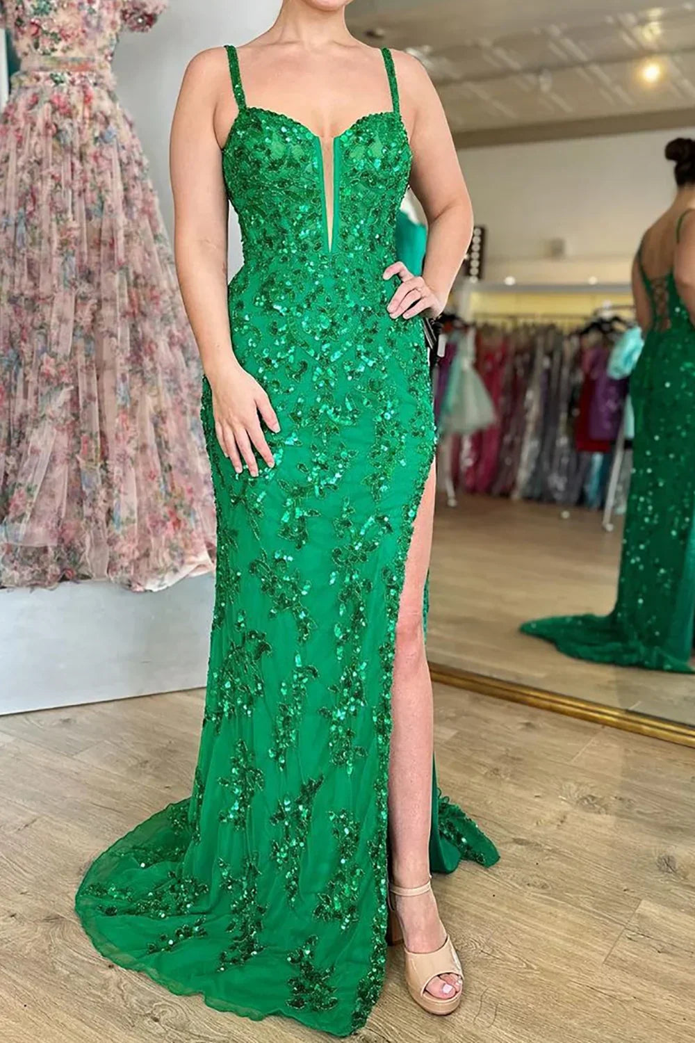 Sparkly Blue Sheath Long Prom Dress with Sequins and Slit
