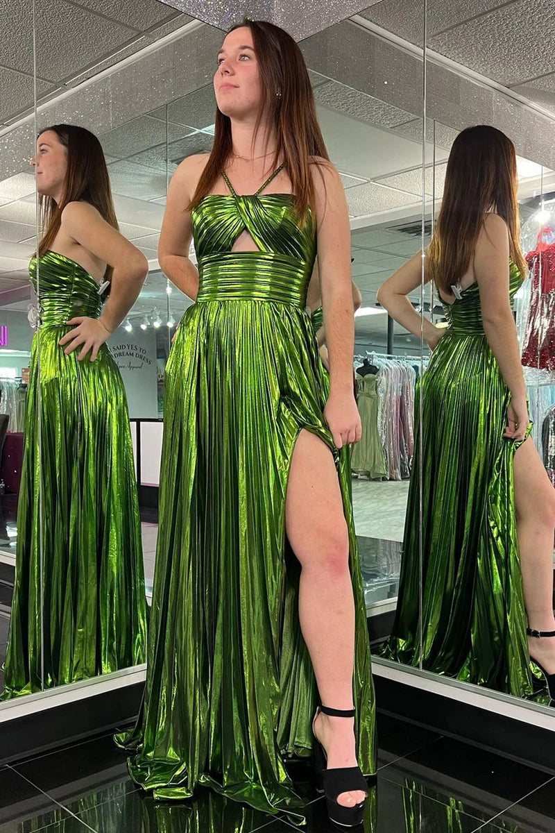 Long Metallic Spaghetti Strap Prom Dress with Keyhole and Slit