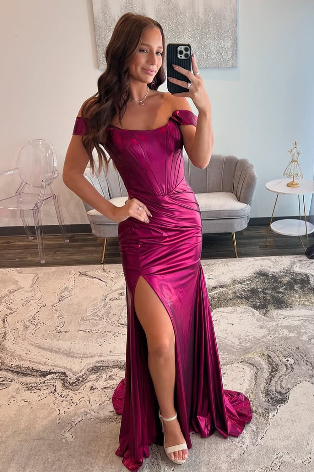 Charming Mermaid Off-the-Shoulder Fuchsia Satin Prom Dress with Slit