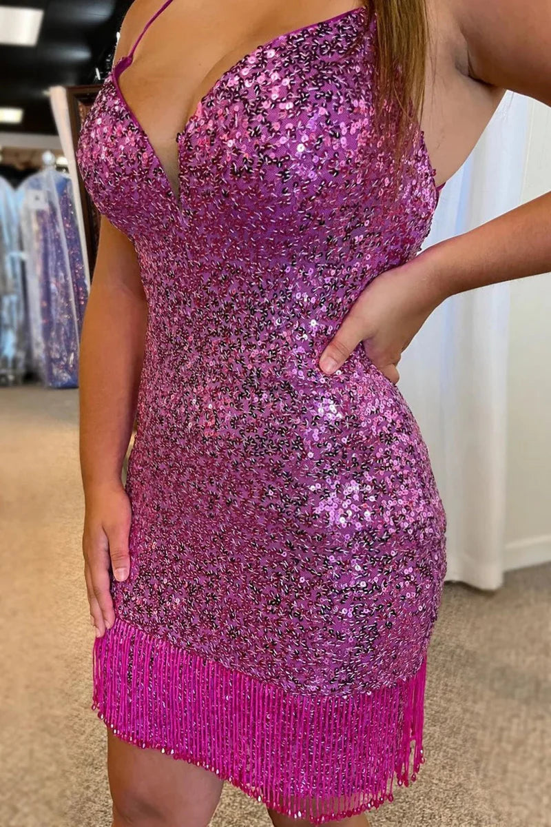 Cute Bodycon V Neck Red Sequins Short Homecoming Dresses with Beading LD073103