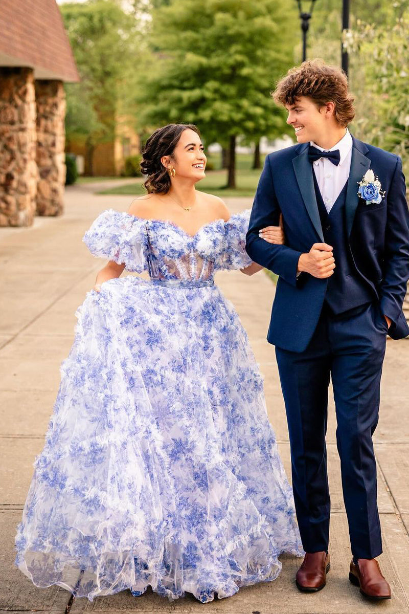 Fairy Ball Gown Tiered Floral Printed Tulle Long Prom Dress LD062575