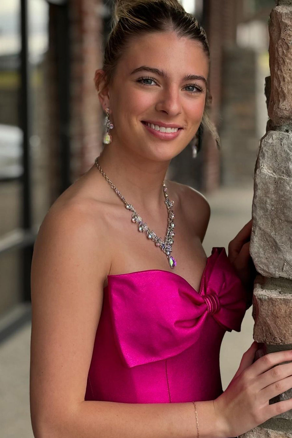 Sweetheart Fuchsia Satin Mermaid Prom Dress with Bow
