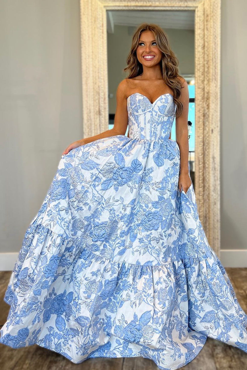 blue and white jacquard dress Blue Square Neck A Line Floral Jacquard Prom Dresses With Pearls, Pink / 18