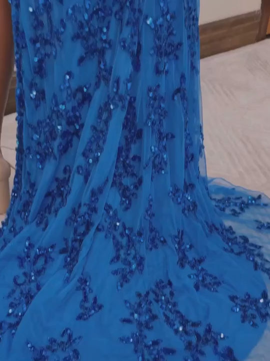 Sparkly Blue Sheath Long Prom Dress with Sequins and Slit