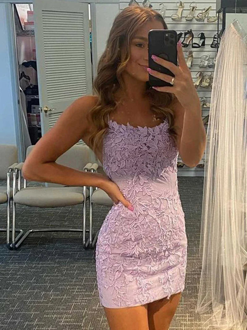 Lace Sheath Homecoming Dress with Spaghetti Straps