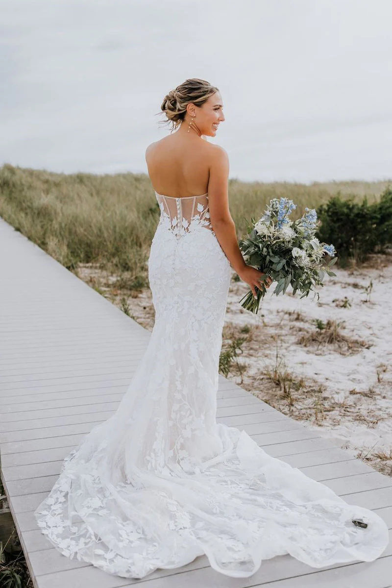 Mermaid Sweetheart Tulle Appliques Wedding Dresses with Sleeves Lace fishtail wedding tube top ld101004
