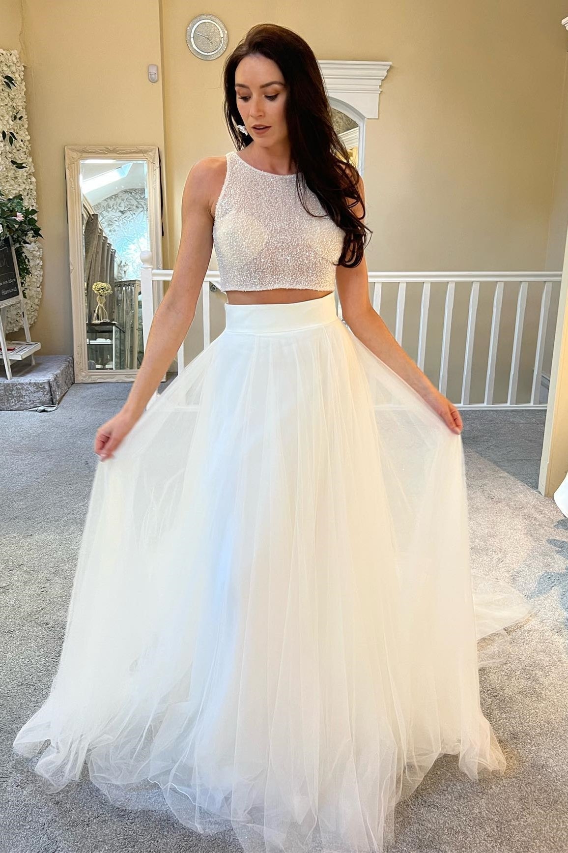 White Beaded Two-Piece A-Line Wedding Dress