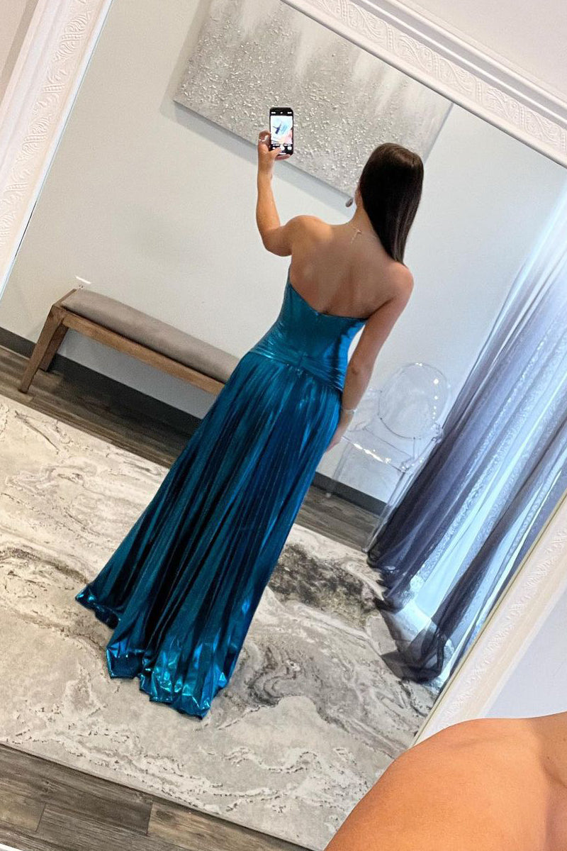 Cute A-Line Sweetheart Keyhole Navy Blue Sparkly Satin Long Prom Dress LD062584