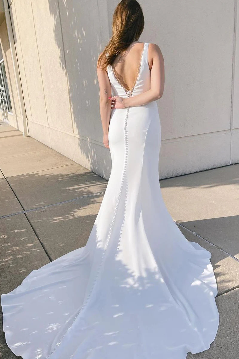 Elegant White Mermaid V-Neck Satin Wedding Dress with Chapel Train