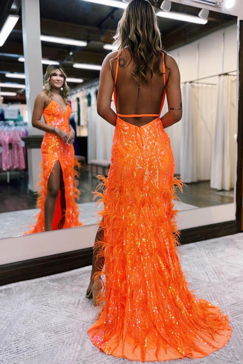 Charming Mermaid V Neck Hot Pink Sequins Long Prom Dresses with Feather LD070812