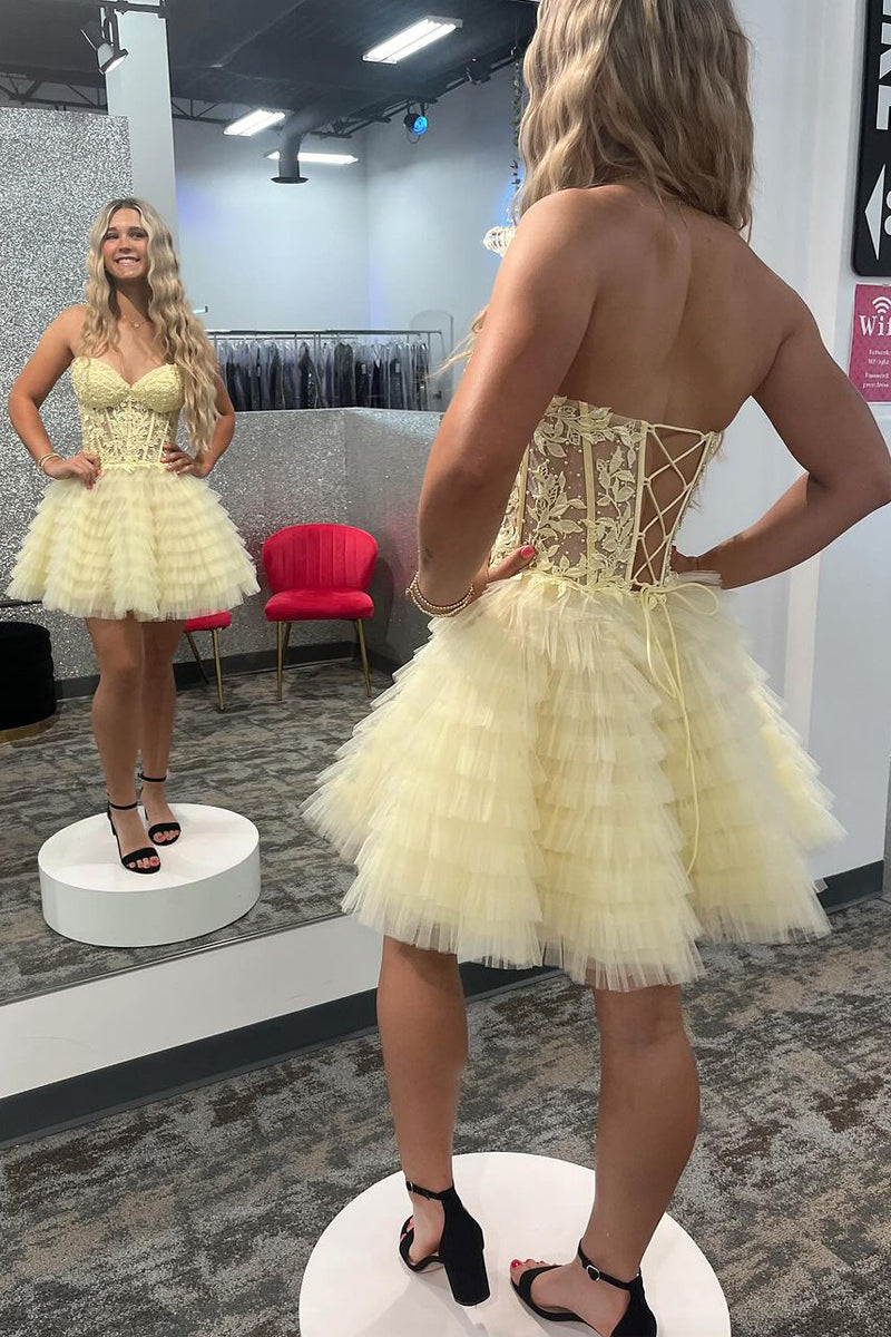 Cute A Line Sweetheart Daffodial Tulle Homecoming Dresses with Appliques LD070201