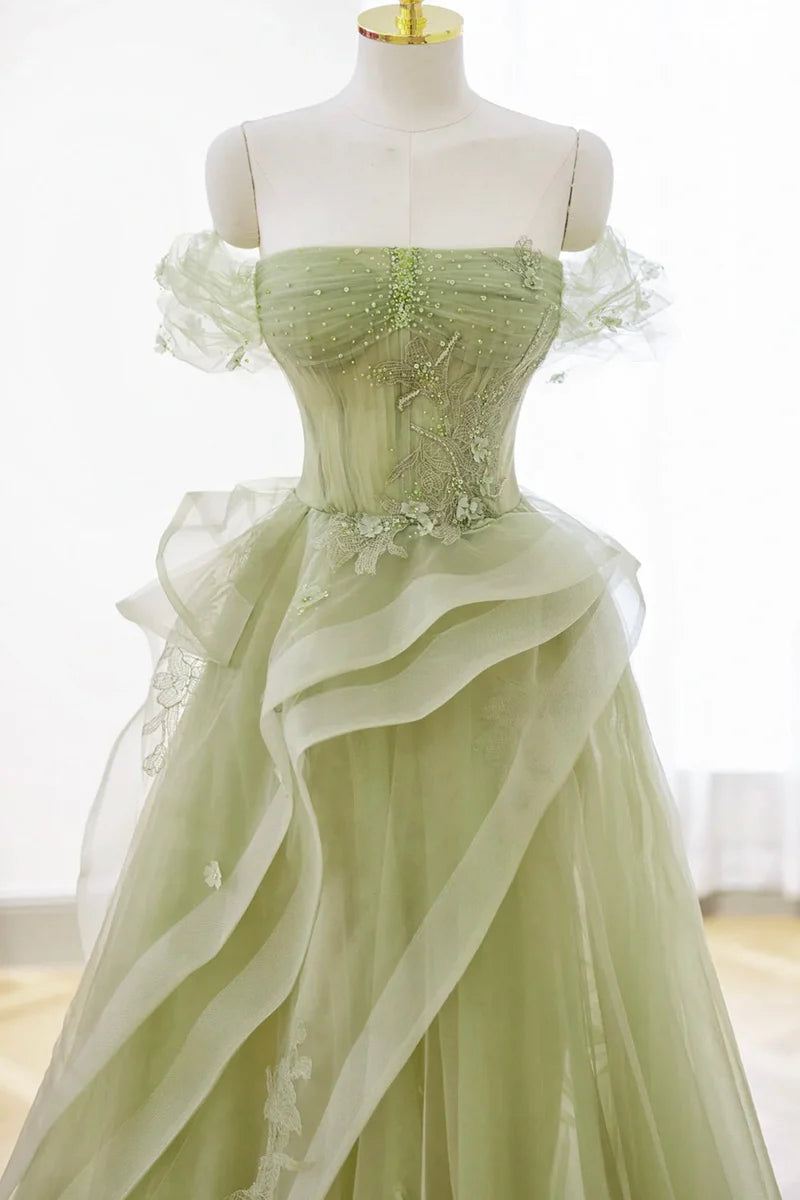 Green Lace Corset Prom Dress with Tulle Skirt