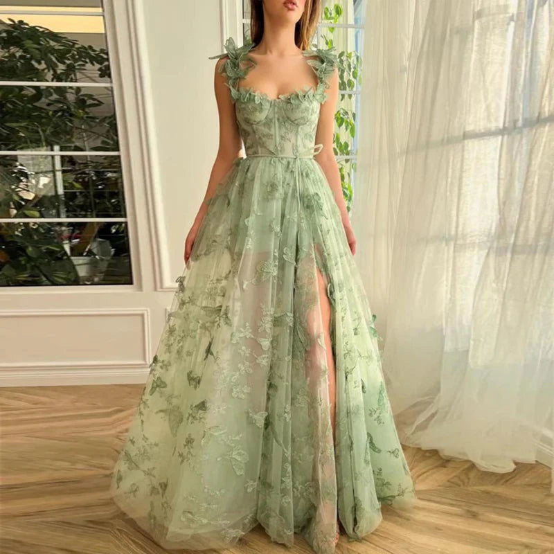 Charming A-Line Lilac Corset Prom Dress with Butterfly Lace and Elegant Slit ld101013