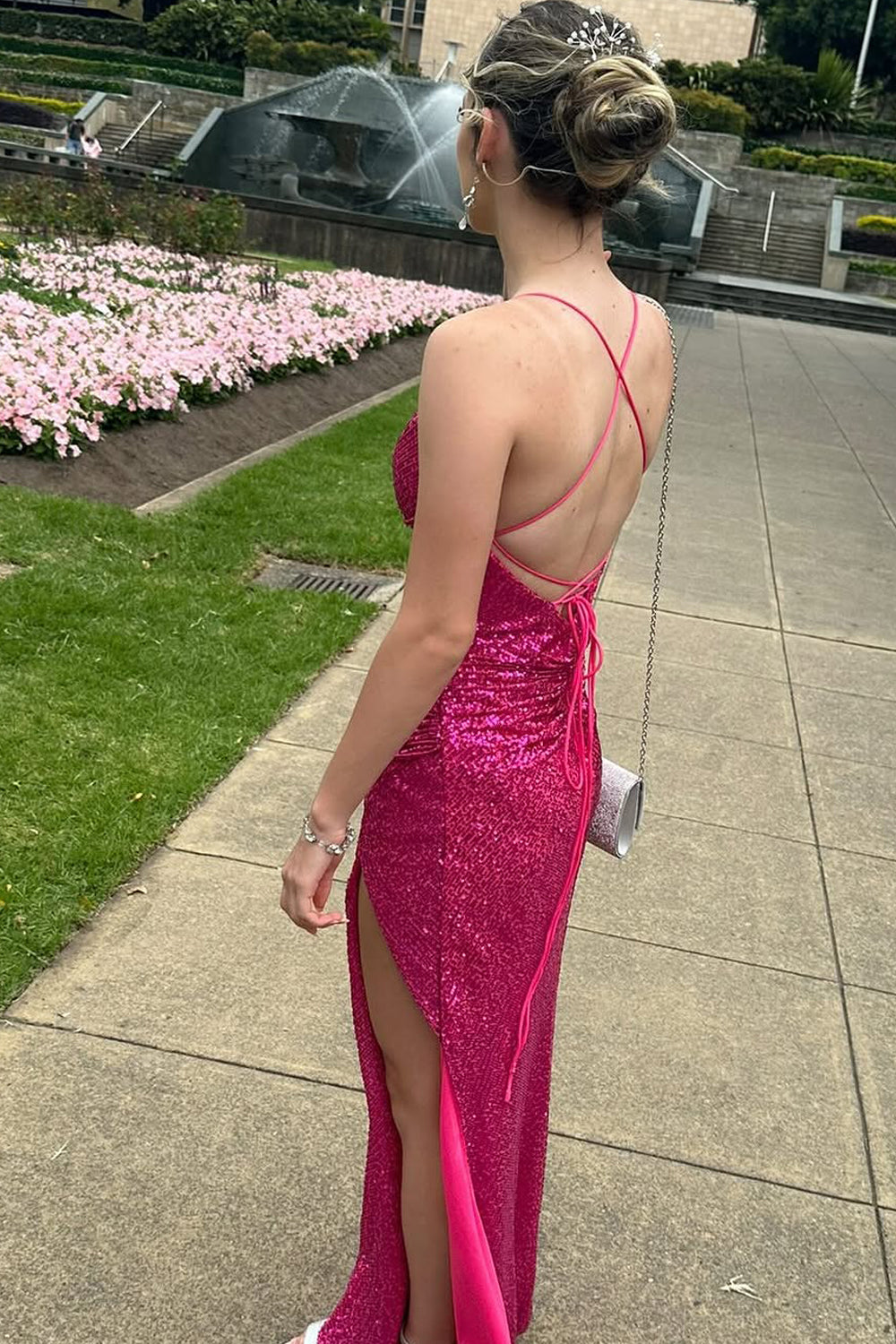 Charming Mermaid V-Neck Fuchsia Sequin Prom Dress with Slit