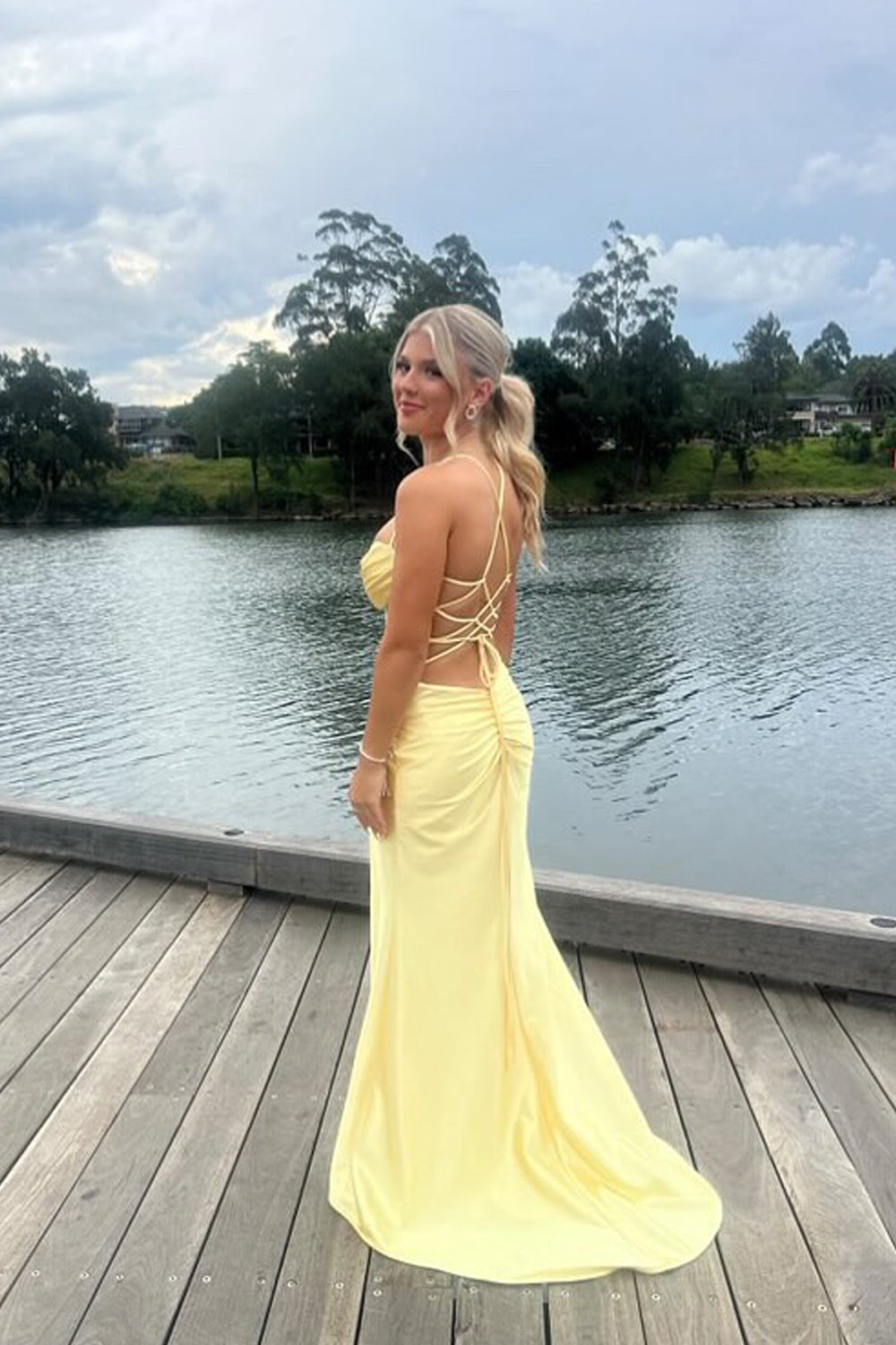 Cute Mermaid Sweetheart Yellow Prom Dress with Cross Back