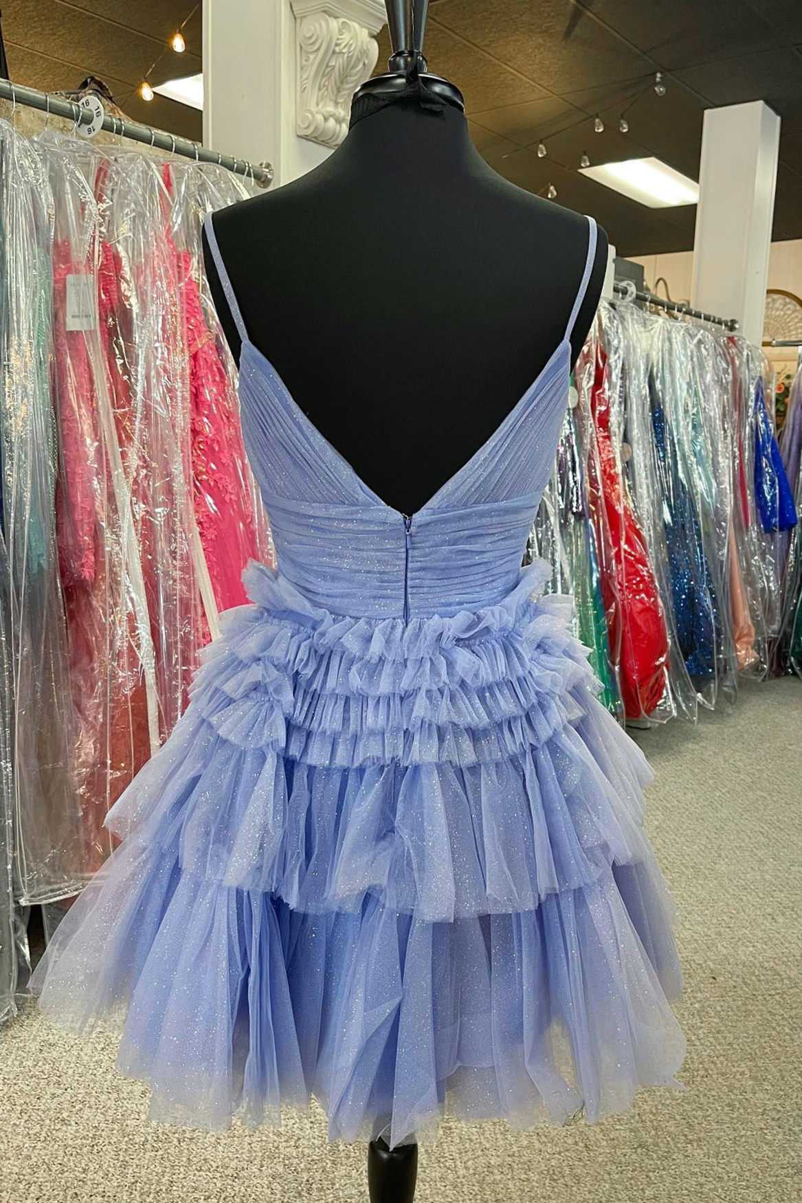 Cute A Line V Neck Red Tiered Tulle Short Homecoming Dresses LD0625124