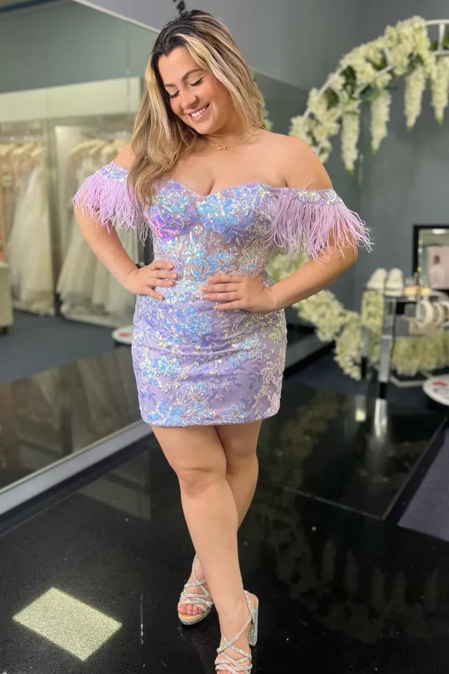 Selena | Off-the-Shoulder Bodycon Lace Homecoming Dress with Feathers and Sequin Appliques