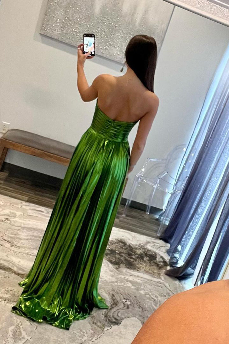 Oakley | Strapless A-Line Green Metallic Long Prom Dress with Pleats