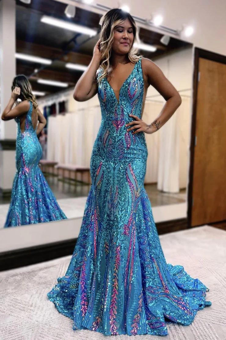 Cute Mermaid V Neck Dark Red Sequins Long Prom Dress LD070825