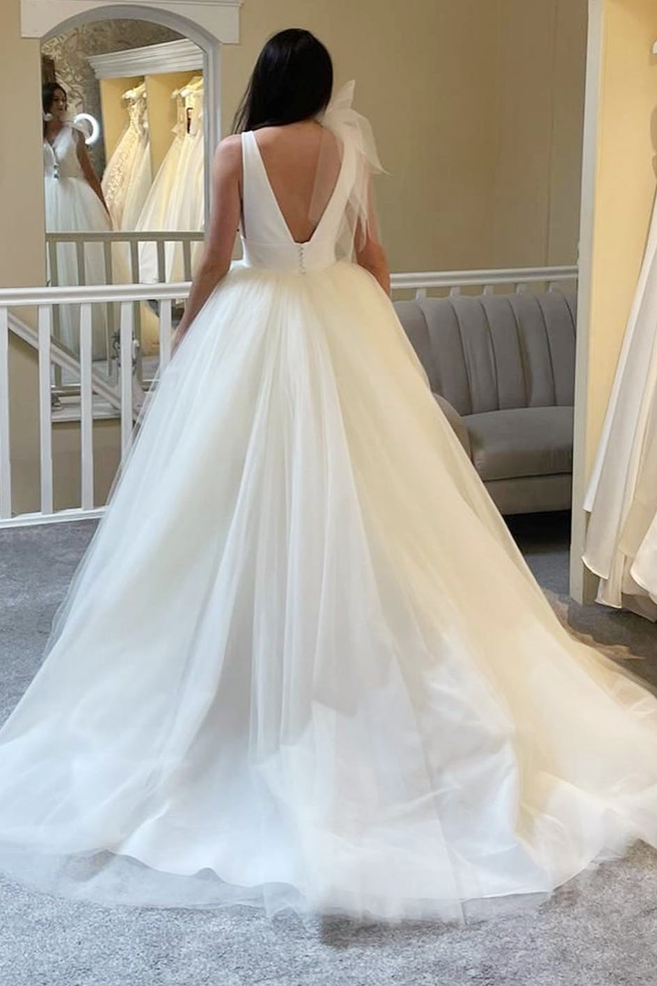 White A-Line Tulle Wedding Dress with Plunge V-Neck and Open Back