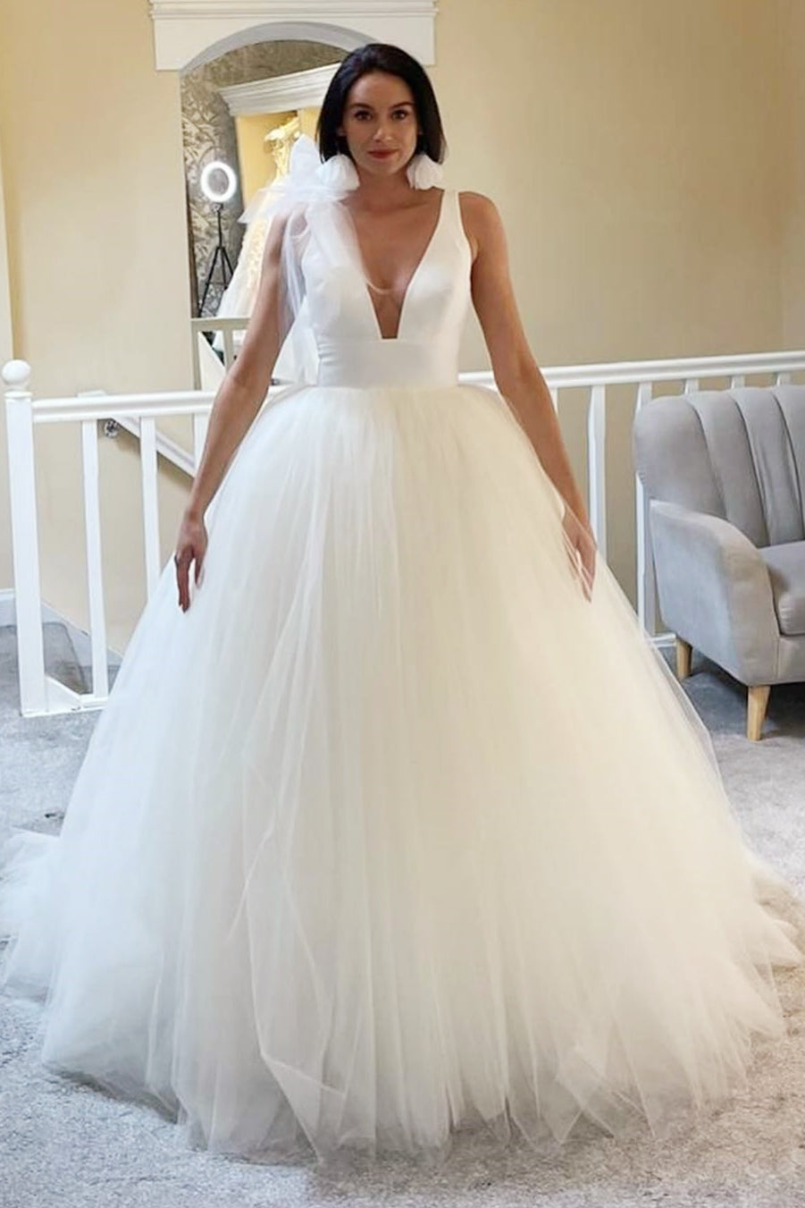 White A-Line Tulle Wedding Dress with Plunge V-Neck and Open Back