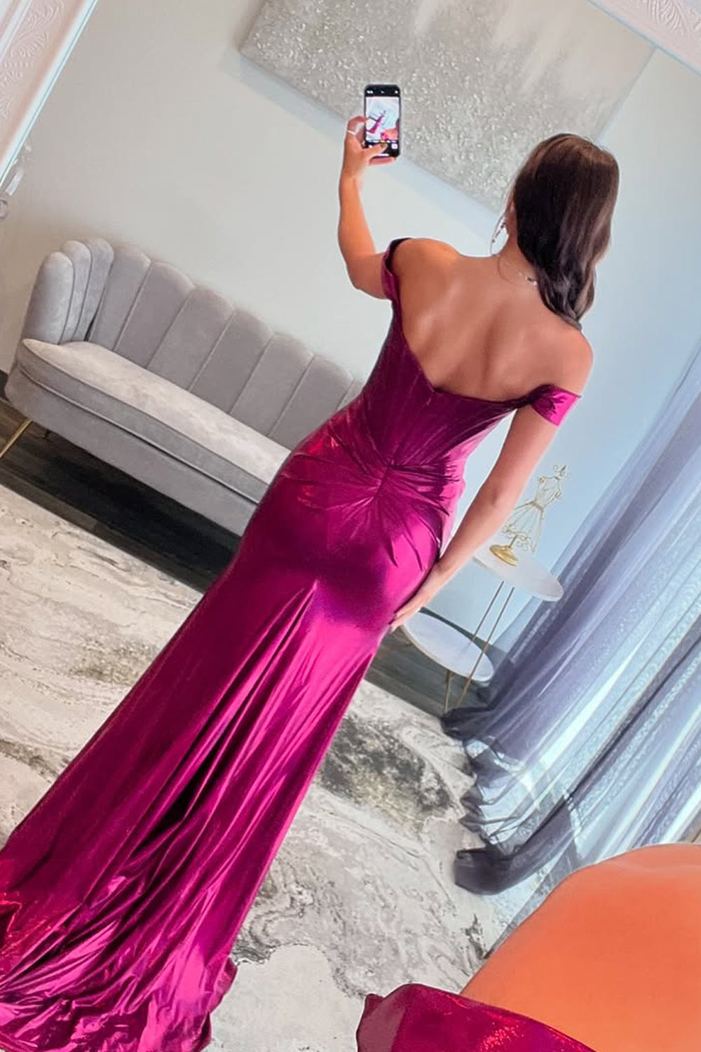 Charming Mermaid Off-the-Shoulder Fuchsia Satin Prom Dress with Slit