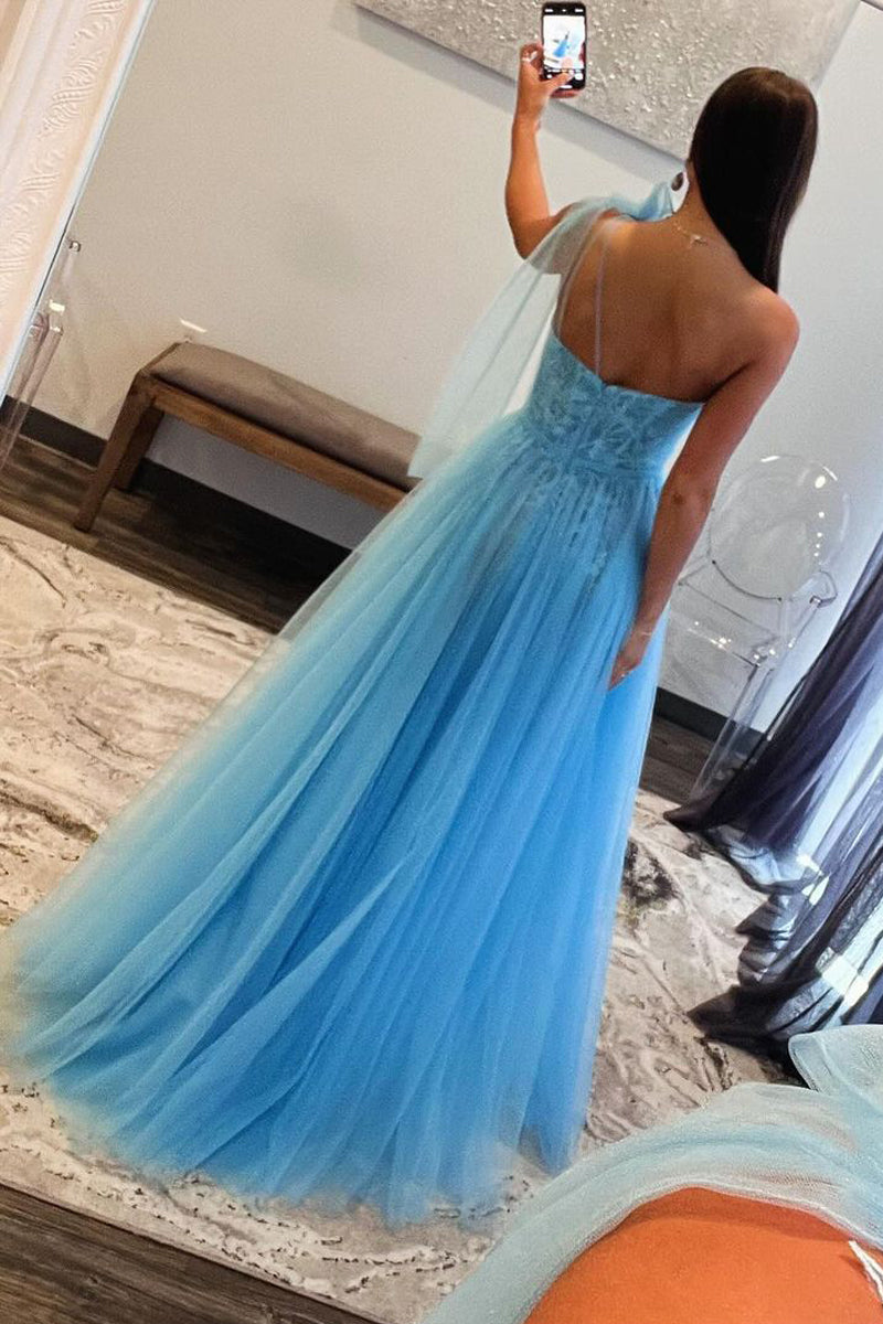 Charming A Line One Shouledr Blue Tulle Long Prom Dress with Appliques LD062556