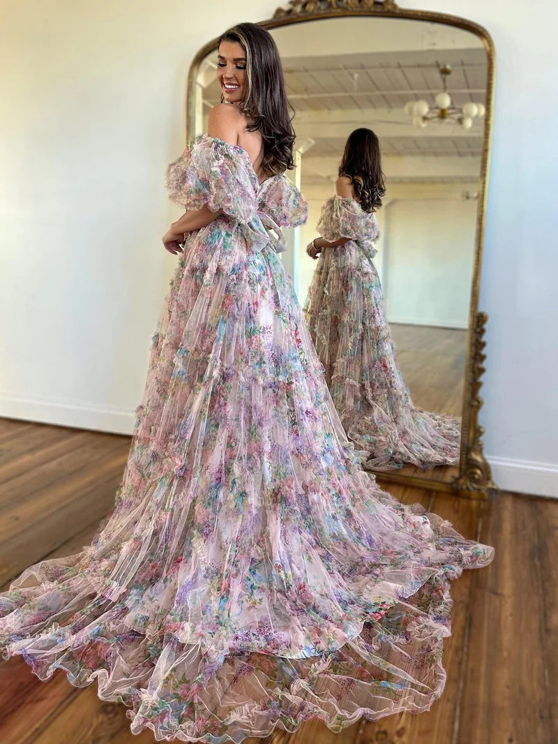 Floral Tulle A-Line Off-the-Shoulder Prom Dress