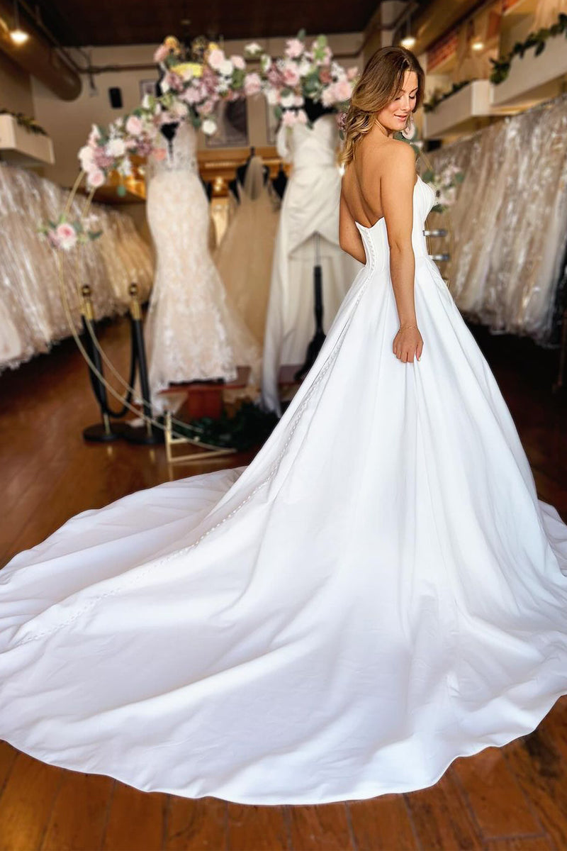 Princess Strapless White Satin Wedding Dresses with Pockets LD062573