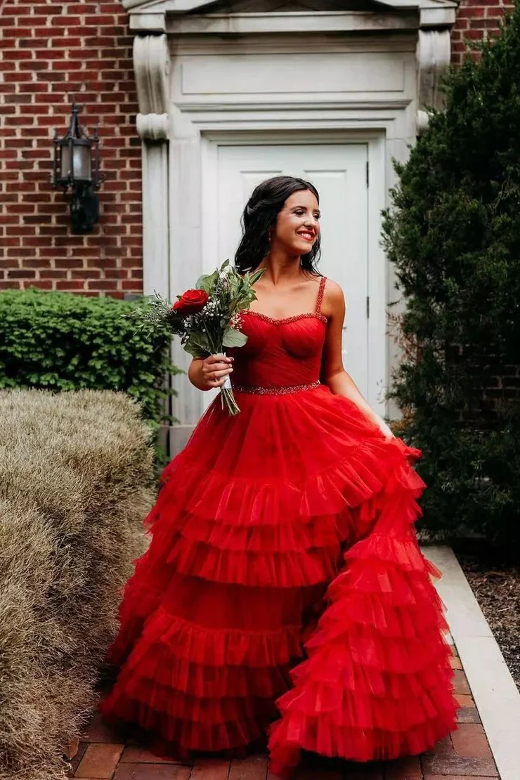 A-Line Sweetheart Beaded Long Prom Dress with Tiered Ruffles