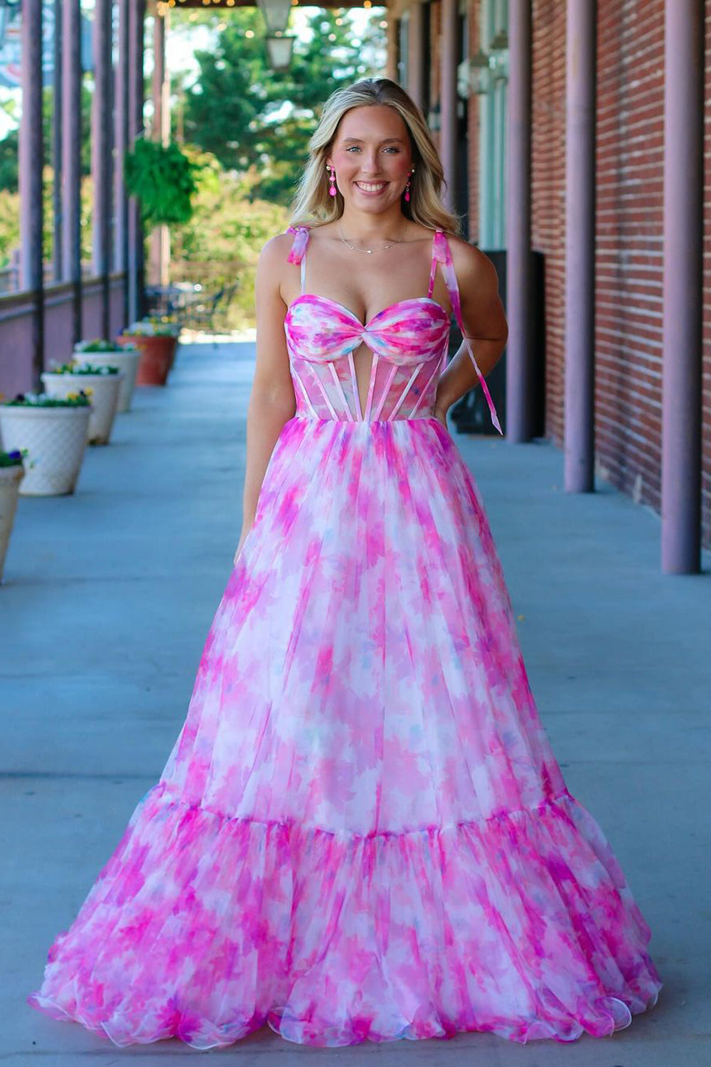 Cute Pink Printed Chiffon A-Line Long Prom Dress with Sweetheart Neckline