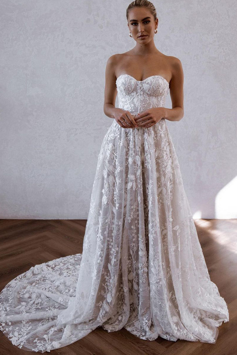 Gorgeous A Line Sweetheart Lace Appliques Beach Wedding Dresses LD062537