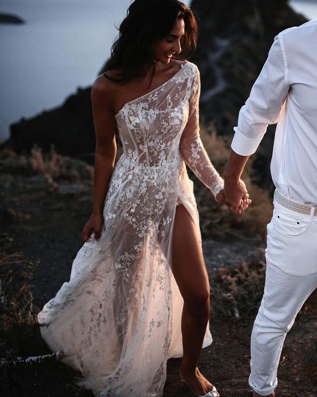 Bohemian One Shoulder See Through Lace Beach Wedding Dresses with Appliques LD062512
