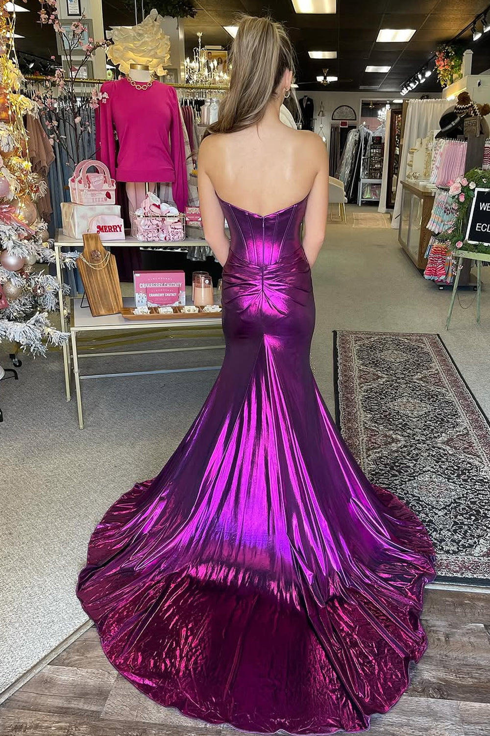 Charming Mermaid Sweetheart Purple Metallic Satin Prom Dress with Slit